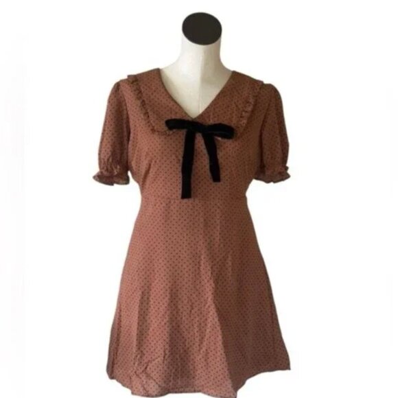 NWOT Blu Pepper POLKA DOT COLLARED VELVET TIE MINI BABYDOLL DRESS RUST BROWN - Picture 8 of 9